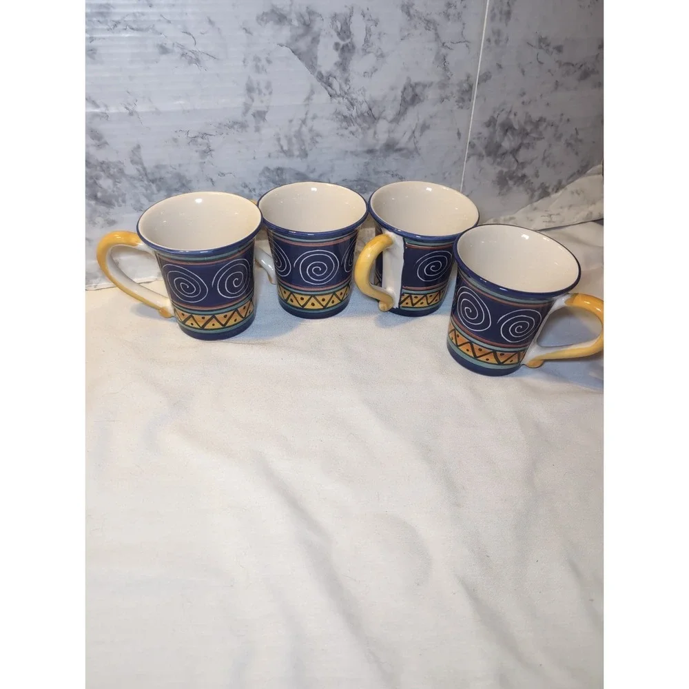 Vintage Y2K Pier 1 Italian Swirl Handpainted Mugs ~ Set of 4 ~ 16oz Earthenware